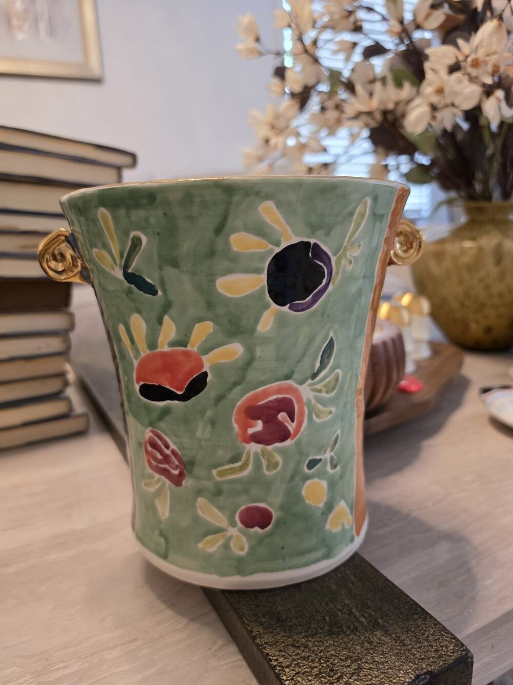 RARE Early Jill Rosenwald Studio Pottery Vase 14k Gold Rim & Handles Signed 8"